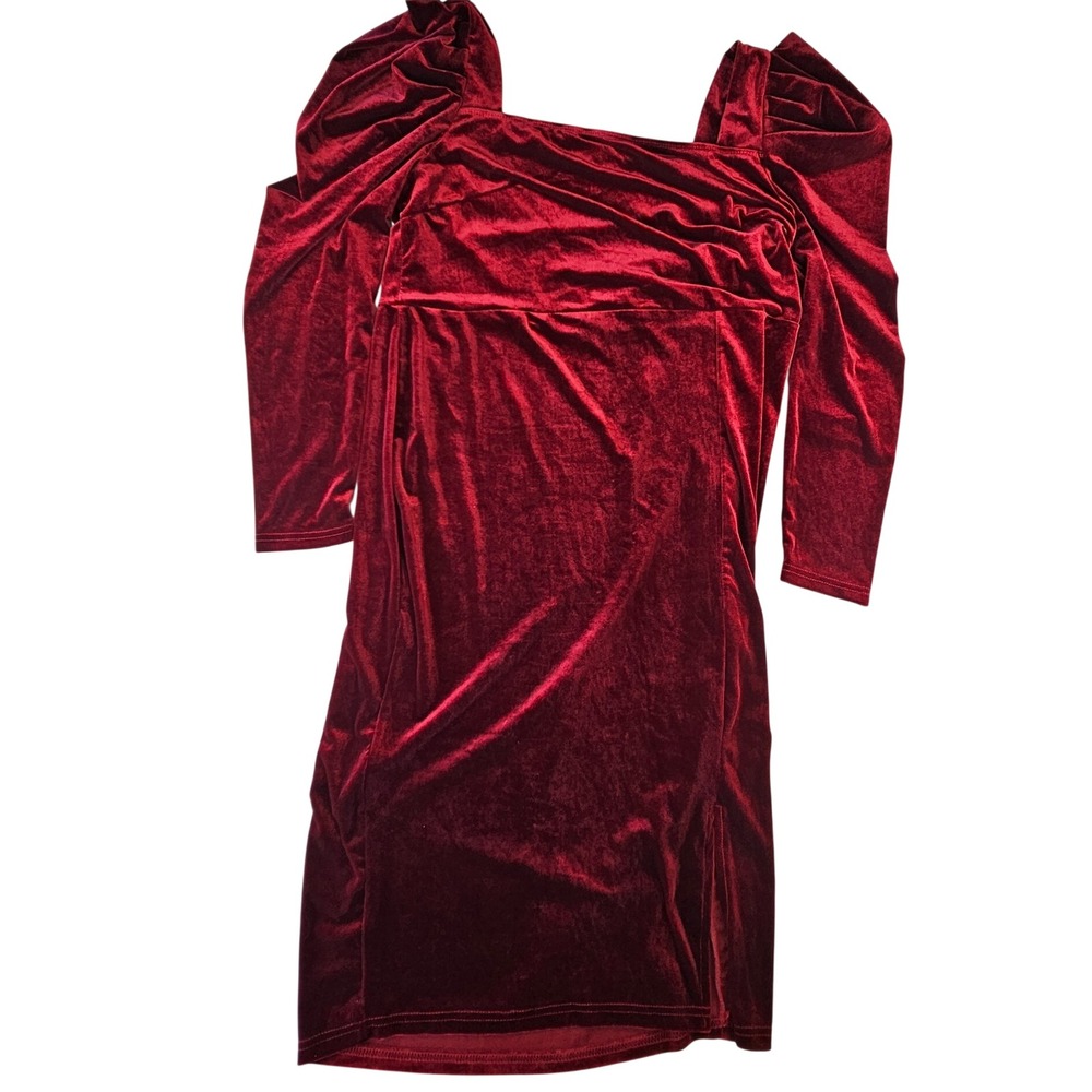 Red Velvet Velour Puff Sleeve Square Neck Dress 2XL Romantic Goth Glam Burgundy